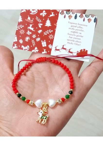 Yavru Geyik ve Kalpli Kırmızı Yeşil Kristal Boncuklu Yılbaşı Bileklik