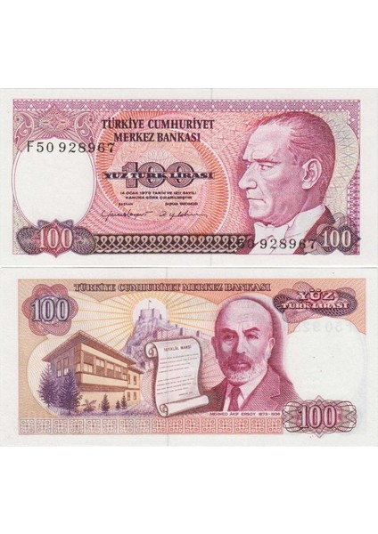 7. Emisyon 2. Tertip 100 Lira. Seri No F50. Mehmet Akif Ersoy Temalı. Çil Kondisyon