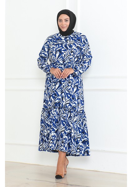 Destan Desenli Bürümcük Farbalı Elbise 46-56 Beden 4571J-01 Indigo