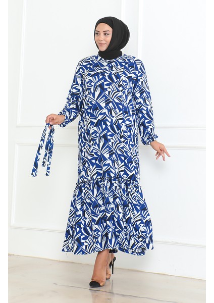 Destan Desenli Bürümcük Farbalı Elbise 46-56 Beden 4571J-01 Indigo indirimleri