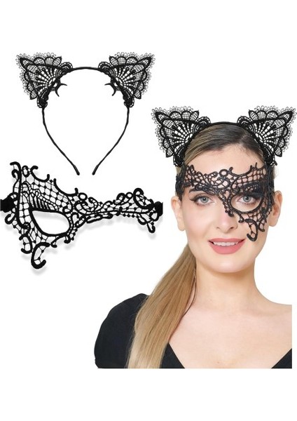 Siyah Dantel Maske Ve Kulak Taç Seti No 13