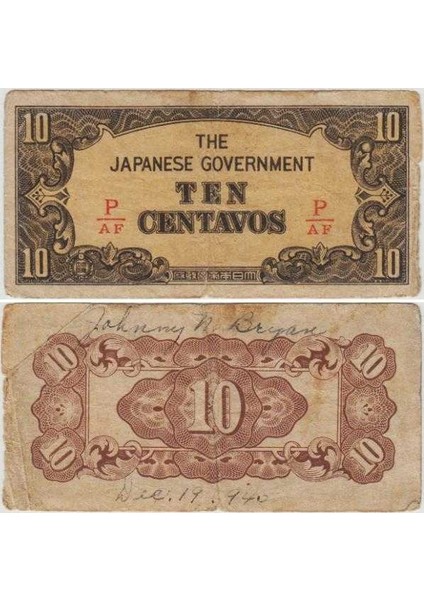 Japonya Iı. Dünya Savaşı Işgal Toprakları 10 Centavos (Filipinler) 1942. Isim-Tarih Yazılı. Temiz