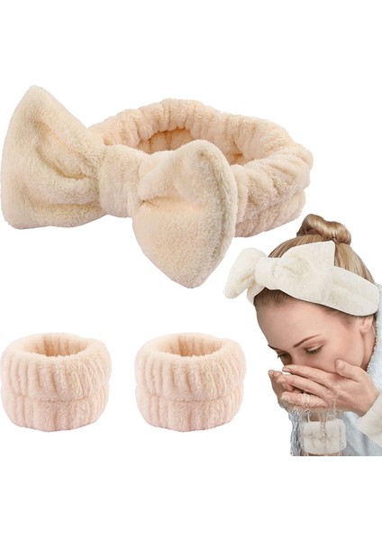 Fiyonk ve Kolluklu Peluş Bandana Makyaj Spa Saç Bandı Açık Kahve