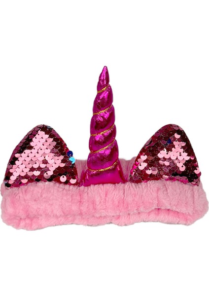 Unicorn Peluş Bandana Makyaj Saç Bandı Pembe Pembe Boynuzlu