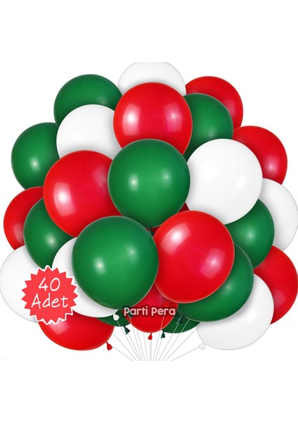 40 Adet Toplam Kırmızı Beyaz Koyu Yeşil Pastel Balon Yılbaşı Süsü Pastel Balonlar