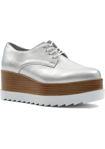 Kadın Gümüş Bağcıklı Dolgu Topuklu Deri Ayakkabı modelleri