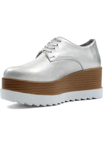 Kadın Gümüş Bağcıklı Dolgu Topuklu Deri Ayakkabı fırsatları