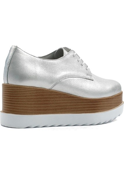 Kadın Gümüş Bağcıklı Dolgu Topuklu Deri Ayakkabı indirimleri