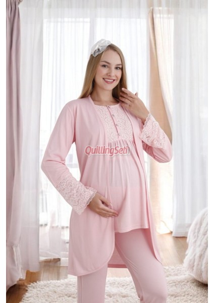 Renk Seçenekli Dantel Detaylı Sabahlıklı 3lü Lohusa Pijama Takımı - 3427 fiyatları