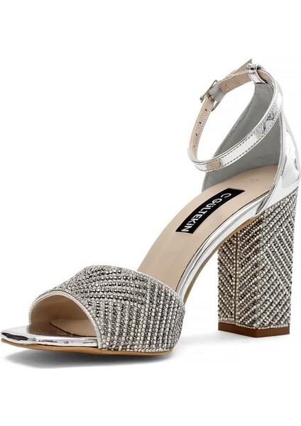 Kadın Lame Taşlı Arkası Kapalı Kalın Topuklu Stiletto