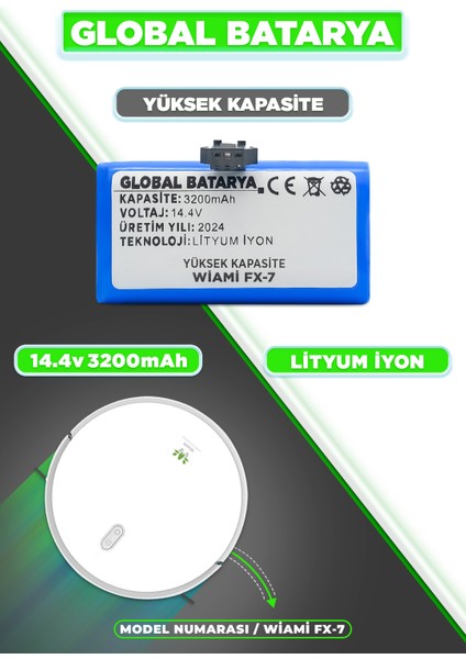 Global Batarya Wiami Fx7 Akıllı Robot Süpürge Bataryası 14.4V 3200mAh Li-ion Pil (Yüksek Kapasite)