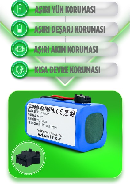 Global Batarya Wiami Fx7 Akıllı Robot Süpürge Bataryası 14.4V 3200mAh Li-ion Pil (Yüksek Kapasite)