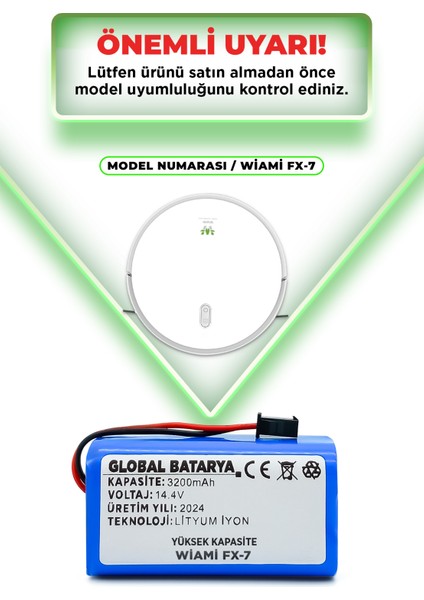 Global Batarya Wiami Fx7 Akıllı Robot Süpürge Bataryası 14.4V 3200mAh Li-ion Pil (Yüksek Kapasite)