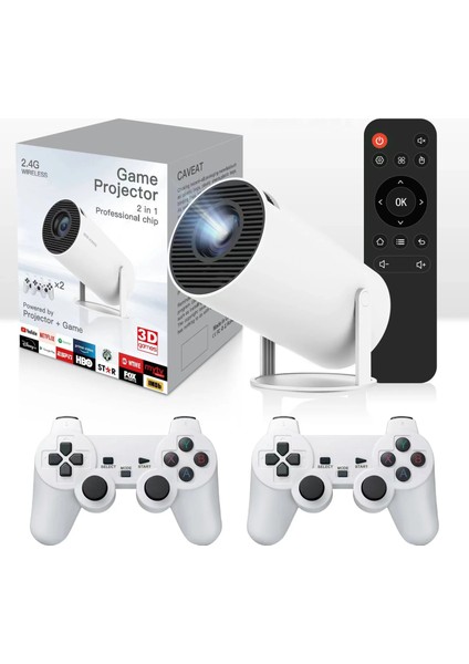 HY300A Retro Oyun Projeksiyon Cihazı Hd Out Put, Android 11.0 Işletim Sistemiyle Desteklenir, Uzaktan Kumandalı ve 2 Adet Gamepad Ev Sineması Projeksiyonu