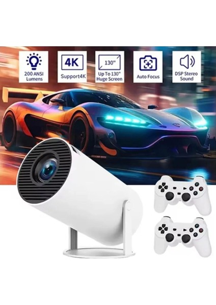 HY300A Retro Oyun Projeksiyon Cihazı Hd Out Put, Android 11.0 Işletim Sistemiyle Desteklenir, Uzaktan Kumandalı ve 2 Adet Gamepad Ev Sineması Projeksiyonu