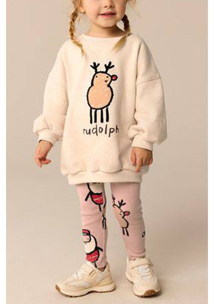 Kız Çocuk 3 Iplik Pamuk Kumaş Çizgi Geyik Baskılı Sweatshirt ve Fitilli Tayt Alt Üst Takım