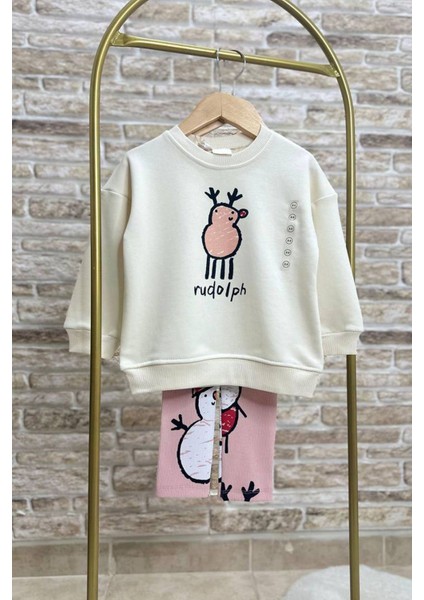 Kız Çocuk 3 Iplik Pamuk Kumaş Çizgi Geyik Baskılı Sweatshirt ve Fitilli Tayt Alt Üst Takım modelleri