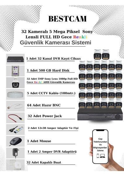 32 Kameralı Set 5 Mega Piksel Sony Lensli Full Hd Gece Görüşü Renkli Güvenlik Kamera Seti 500 Gb Hdd