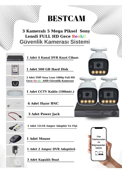 3 Kameralı Set 5 Mega Piksel Sony Lensli Full Hd Gece Görüşü Renkli Güvenlik Kamera Seti 500 Gb Hdd