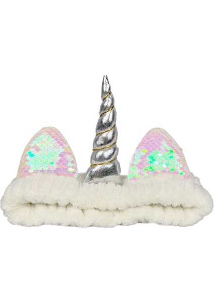 Unicorn Peluş Bandana Makyaj Saç Bandı Beyaz Gümüşi Boynuzlu fiyatları