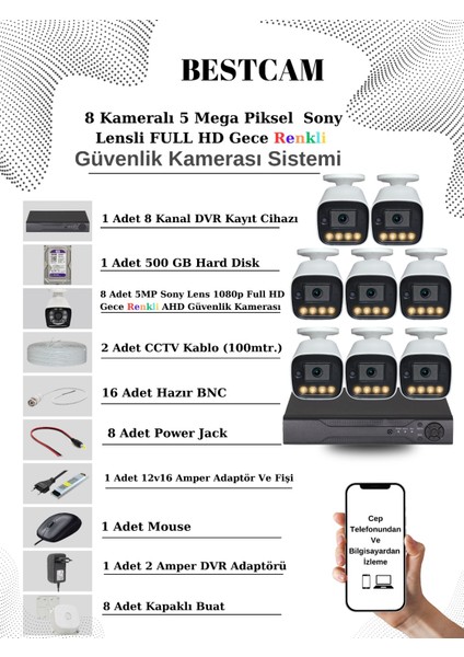 8 Kameralı Set 5 Mega Piksel Sony Lensli Full Hd Gece Görüşü Renkli Güvenlik Kamera Seti 500 Gb Hdd