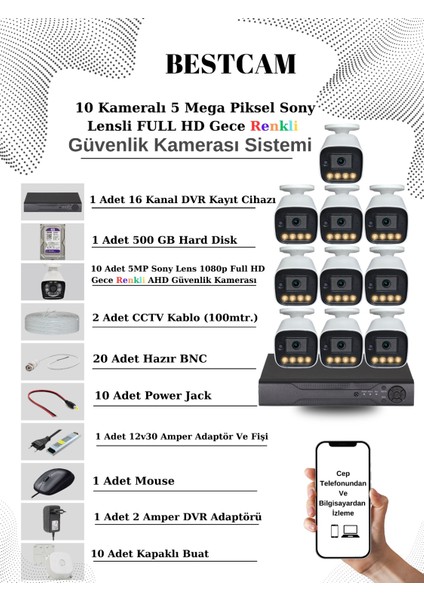 10 Kameralı Set 5 Mega Piksel Sony Lensli Full Hd Gece Görüşü Renkli Güvenlik Kamera Seti 500 Gb Hdd