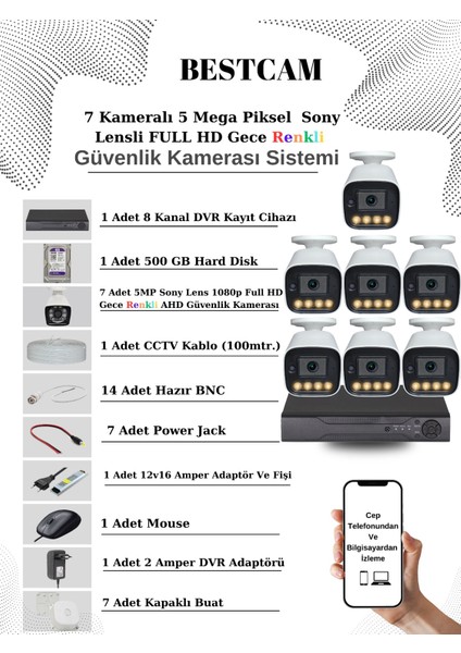 7 Kameralı Set 5 Mega Piksel Sony Lensli Full Hd Gece Görüşü Renkli Güvenlik Kamera Seti 500 Gb Hdd