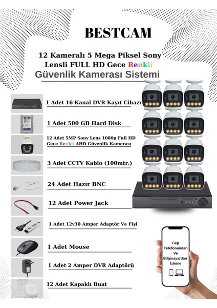 12 Kameralı Set 5 Mega Piksel Sony Lensli Full Hd Gece Görüşü Renkli Güvenlik Kamera Seti 500 Gb Hdd