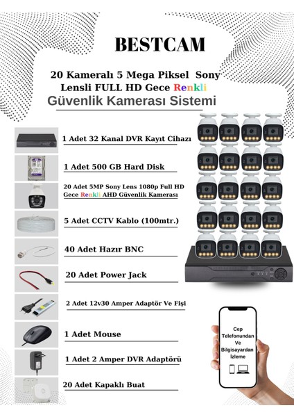 20 Kameralı Set 5 Mega Piksel Sony Lensli Full Hd Gece Görüşü Renkli Güvenlik Kamera Seti 500 Gb Hdd