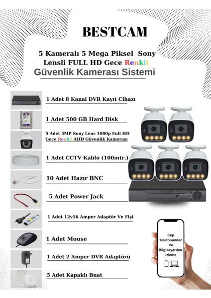 5 Kameralı Set 5 Mega Piksel Sony Lensli Full Hd Gece Görüşü Renkli Güvenlik Kamera Seti 500 Gb Hdd