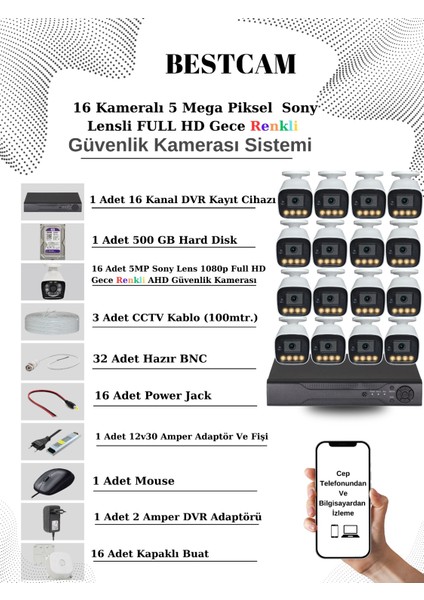 16 Kameralı Set 5 Mega Piksel Sony Lensli Full Hd Gece Görüşü Renkli Güvenlik Kamera Seti 500 Gb Hdd