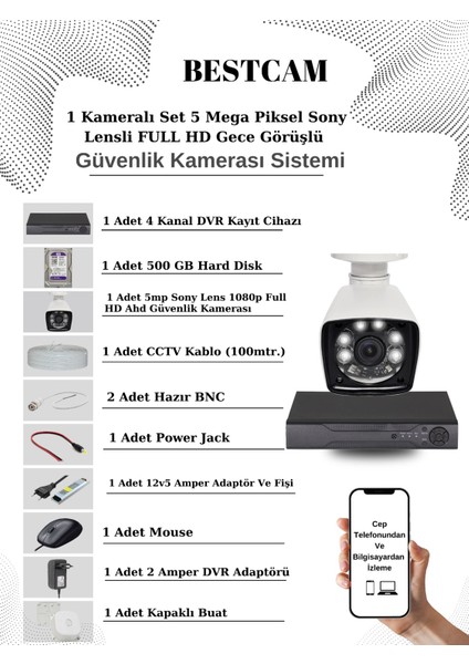 1 Kameralı Set 5 Mega Piksel Sony Lensli Full Hd Gece Görüşlü Güvenlik Kamera Seti 500 GB Hard Disk