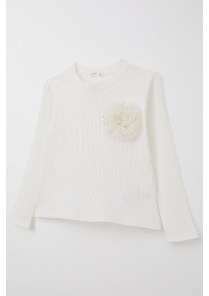 Kız Çocuk Uzun Kollu Bluz Çiçek Aksesuarlı 8-14 Yaş, Ekru modelleri