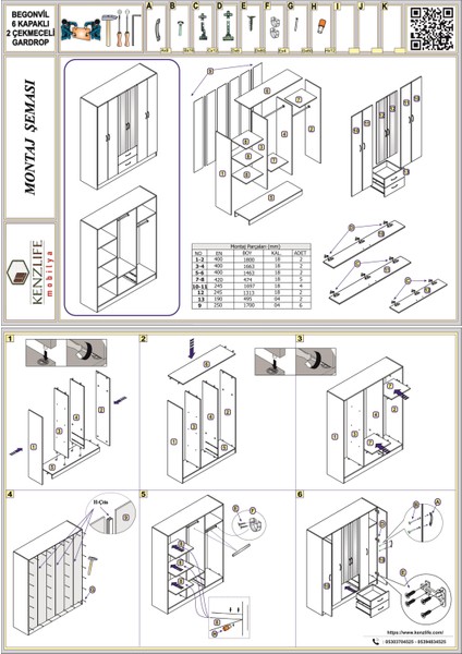 Kenzlife gardırop 6 kapılı çekmeceli begonvil210 crd kapaklı gardolap dolap
