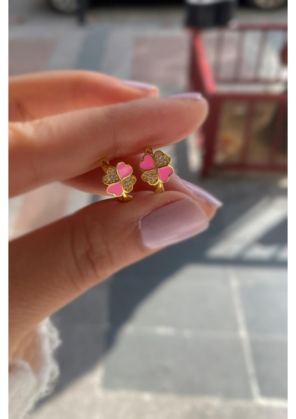 Gümüş Pembe Mineli Yonca Çocuk Küpesi