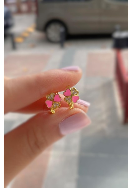 Gümüş Pembe Mineli Yonca Çocuk Küpesi