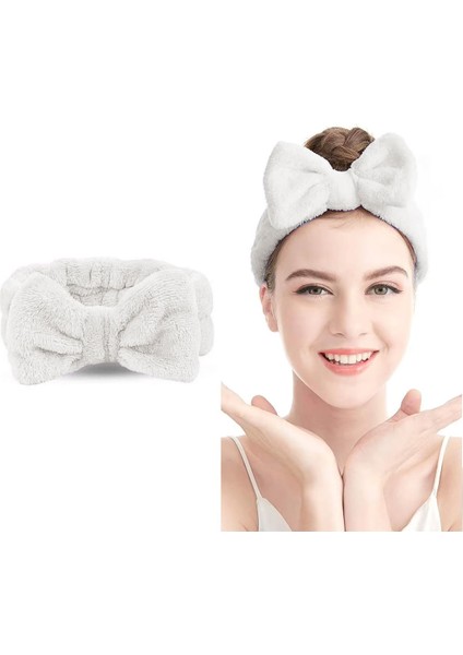 Fiyonk Peluş Bandana Makyaj Spa Saç Bandı Beyaz
