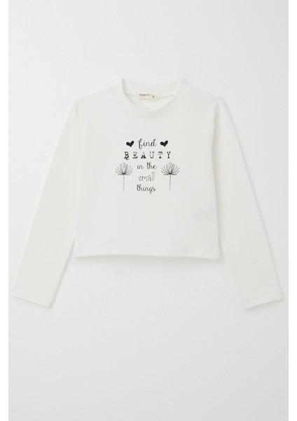Kız Çocuk Uzun Kollu Tişört Kemer Boy Yazı Baskılı 9-14 Yaş, Ekru