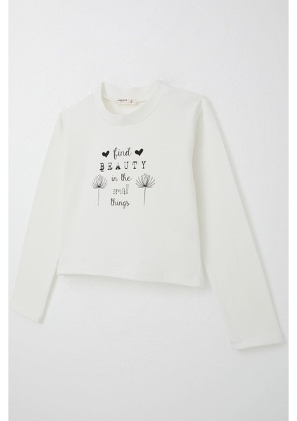Kız Çocuk Uzun Kollu Tişört Kemer Boy Yazı Baskılı 9-14 Yaş, Ekru modelleri