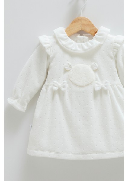 Fırfırlı Fiyonk Detaylı Kadife Soft Touch Kız Bebek Elbise