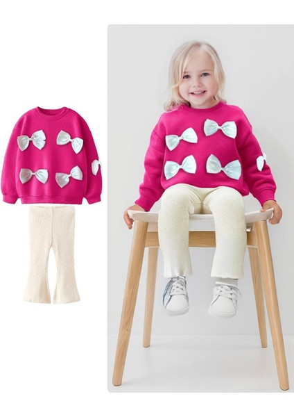 Kız Çocuk Saten Kurdele Işlemeli Son Moda 3 Iplik Sweatshirt ve Tayt Alt Üst Takım Yeni Sezon