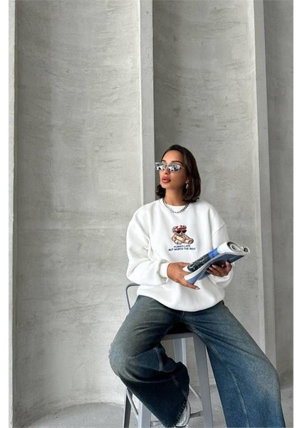 Dipmoda kadın ekru içi pamuklu nakış detaylı sweat DPG035