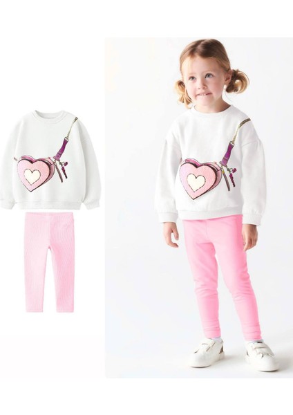 Yeni Sezon Süzene Kalp Nakış Işlemeli Esnek Lastik Belli Çantalı Görünümlü 3 Iplik Sweatshirt Tayt Alt Üst Takım