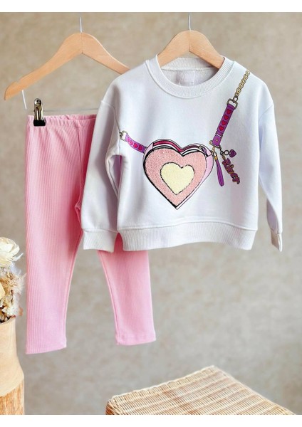 Yeni Sezon Süzene Kalp Nakış Işlemeli Esnek Lastik Belli Çantalı Görünümlü 3 Iplik Sweatshirt Tayt Alt Üst Takım modelleri