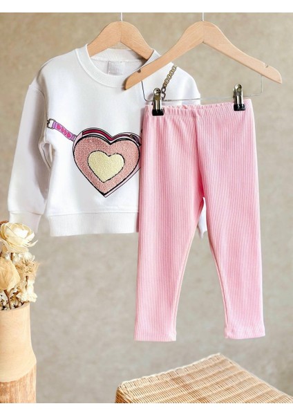 Yeni Sezon Süzene Kalp Nakış Işlemeli Esnek Lastik Belli Çantalı Görünümlü 3 Iplik Sweatshirt Tayt Alt Üst Takım fırsatları