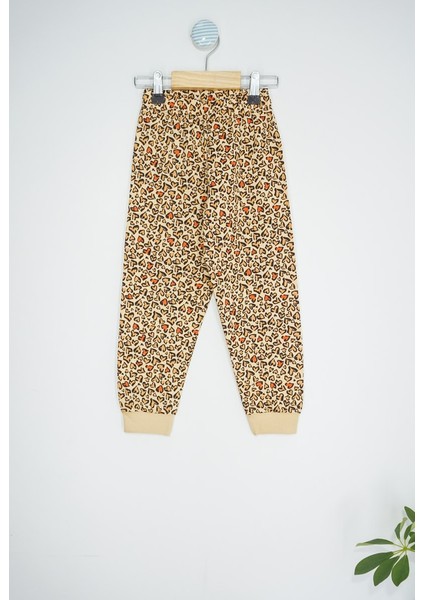 Kız Çocuk Pamuklu Leopar Kalp Desenli Kahverengi Uzun Kollu Pijama Takımı modelleri