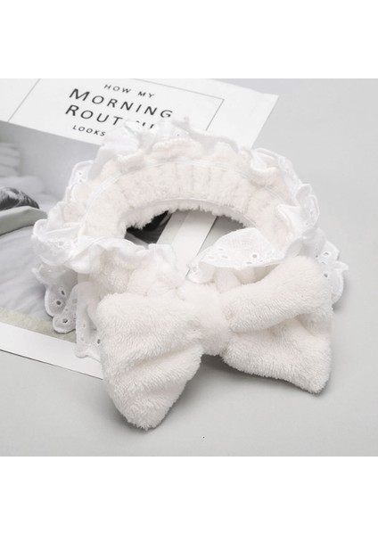 Fırfırlı Peluş Bandana Makyaj Spa Saç Bandı Beyaz