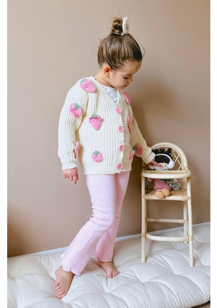 Kız Çocuk Sallantılı Çilek Aplikeli Triko Kazak Fitilli Tayt Alt Üst 2 Parça Takım