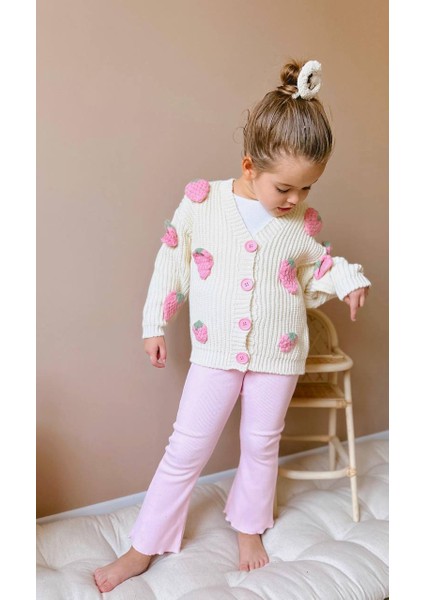 Kız Çocuk Sallantılı Çilek Aplikeli Triko Kazak Fitilli Tayt Alt Üst 2 Parça Takım fırsatları