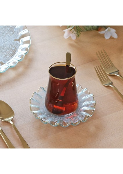 Lace Şeffaf Altın Yaldızlı 6 Kişilik Cam Çay Tabağı Takımı